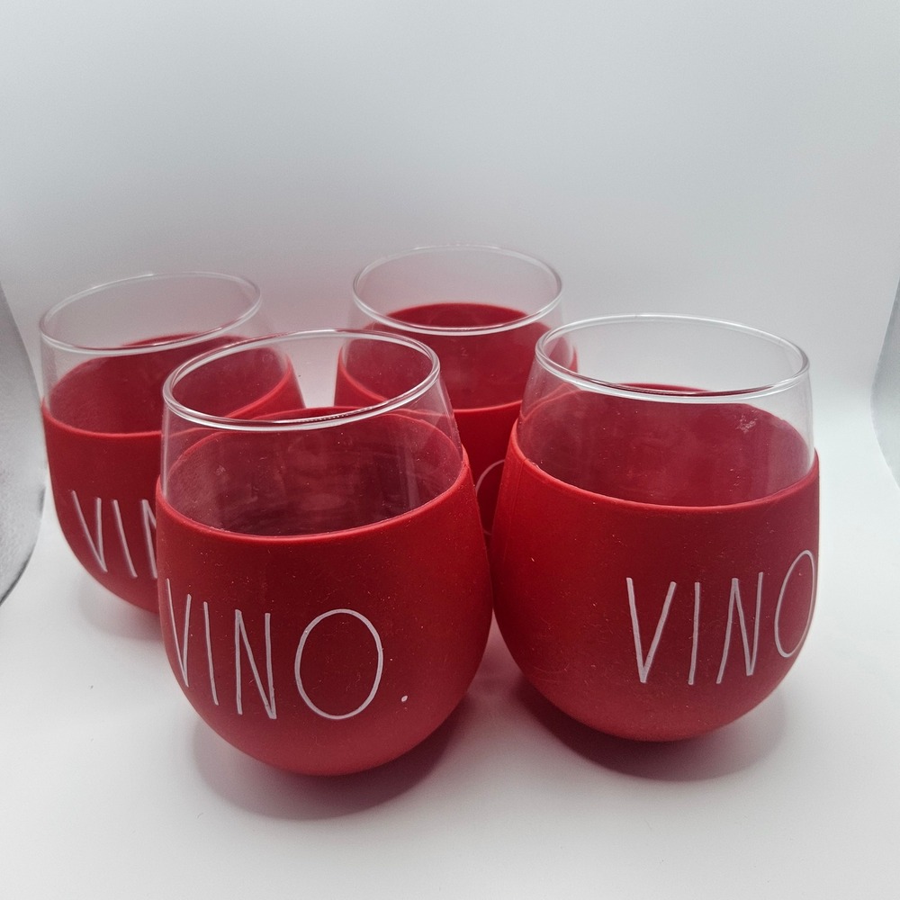 Rae Dunn VINO‎ Wine Glasses Set of 4 Stemless Red Sleeves Barware